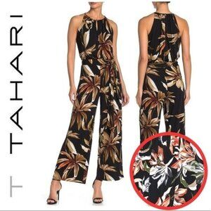 T Tahari Floral Print Tie Waist Halter Neck Jumpsuit